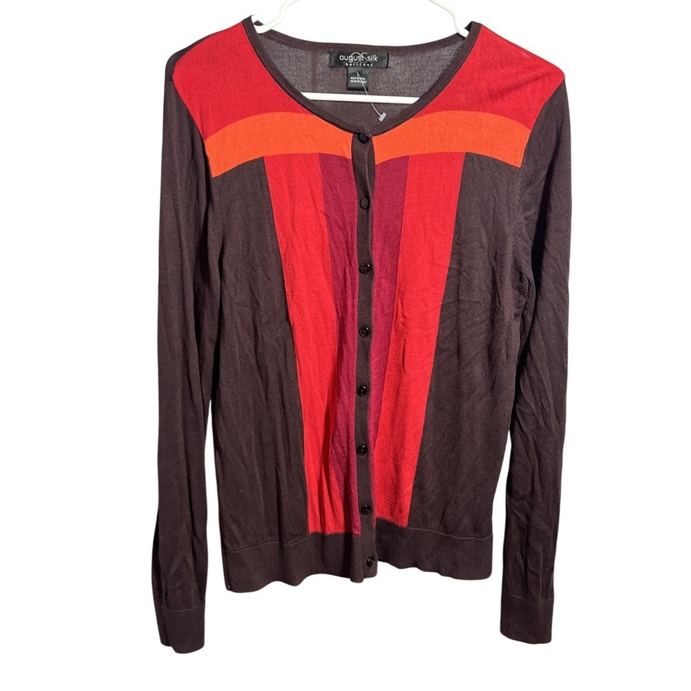 August Silk Heritage Women's L Cardigan Sweater Brown Red Orange Colorblock